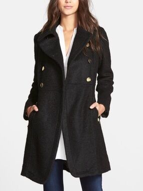Guess Los Angeles Wool Blend Black Coat Gold Buttons Zip Sleeves Size M